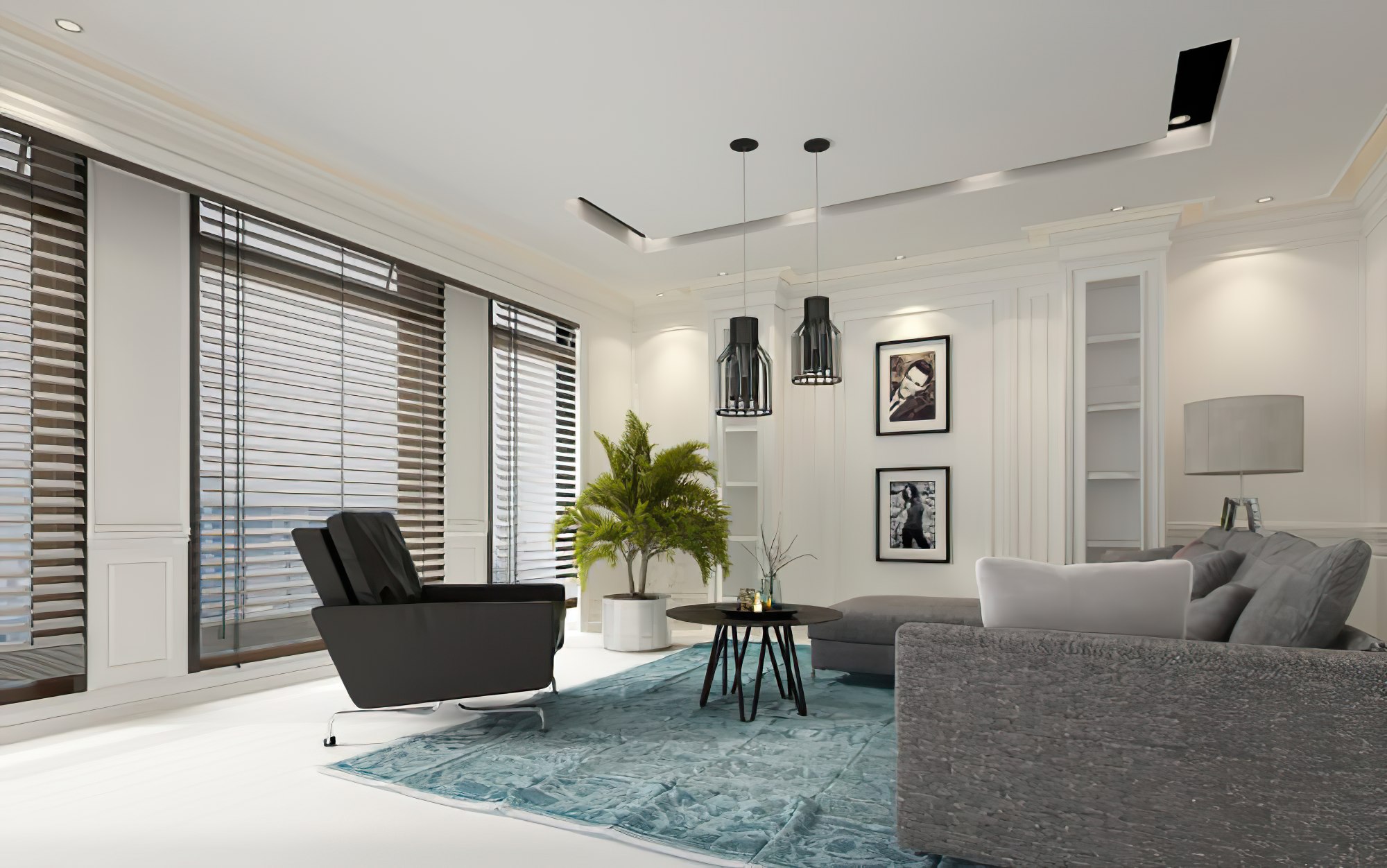 A living room with blinds installed by Architectural Window Treatments in a luxury home.